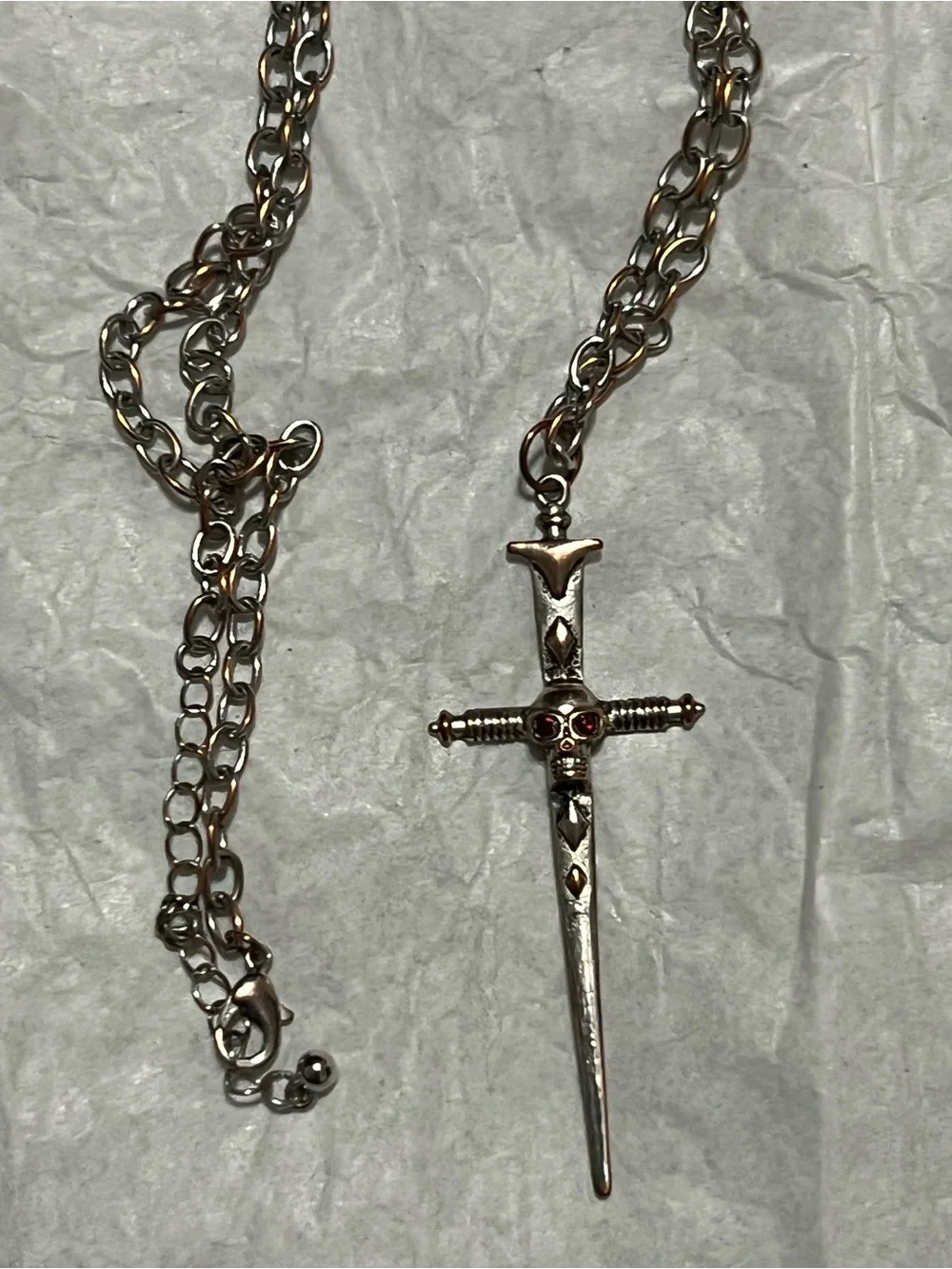 Silver Dagger Cross Necklace with Red Stone Eyes